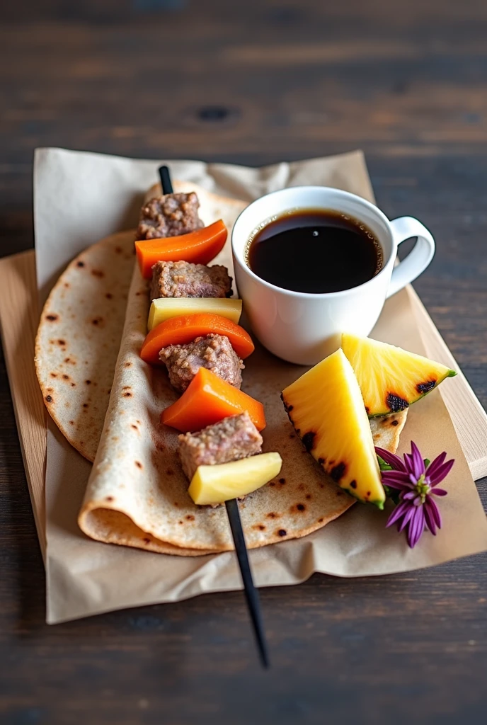 A cup of black coffee with a skewer with 4 pieces of pork and between each piece of meat there should be carrot, sweet chili and onion , with a small 10-centimeter tortilla and a small 5-centimeter triangle of grilled pineapple