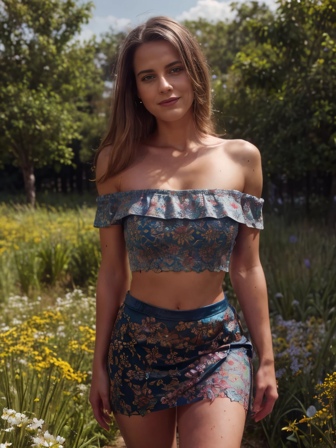 perfect anatomy, Incredibly detailed, RAW, ultra super realistic, photorealistic, cinematic lighting, exquisitely detailed, extremely intricate, 8k UHD, high resolution), (1girl), cropped off-shoulder tank top, skirt, elegant hair, standing in the middle of a flower field, seductive smile, dynamic vivid colors