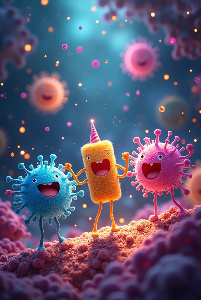 Table 5:
Description: The final scene shows the T Cell, B Cell and Phagocytic Cell celebrating as the virus has been defeated. (cheered up)