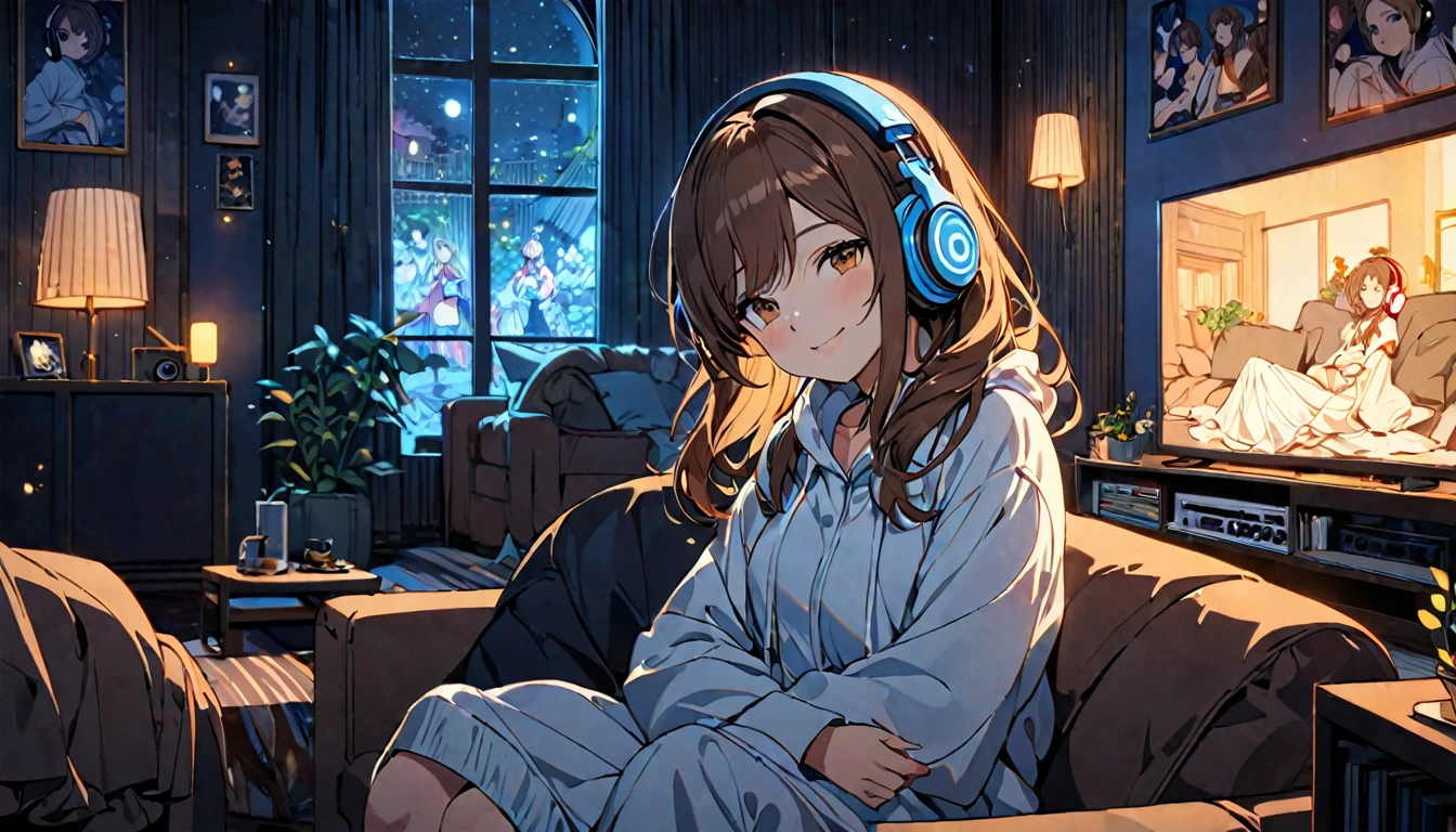 (Brown haired woman wearing headphones), (Relaxing in the dark living room listening to background music), (Very detailed, masterpiece, Highest quality, bright), (Anime Style)
background: Living room with low lighting: Gentle smiling costume: Relaxing Homewear Poses: Sitting on the sofa、Relaxing with knees hugged: A moment surrounded by the silence of the night and pleasant music
