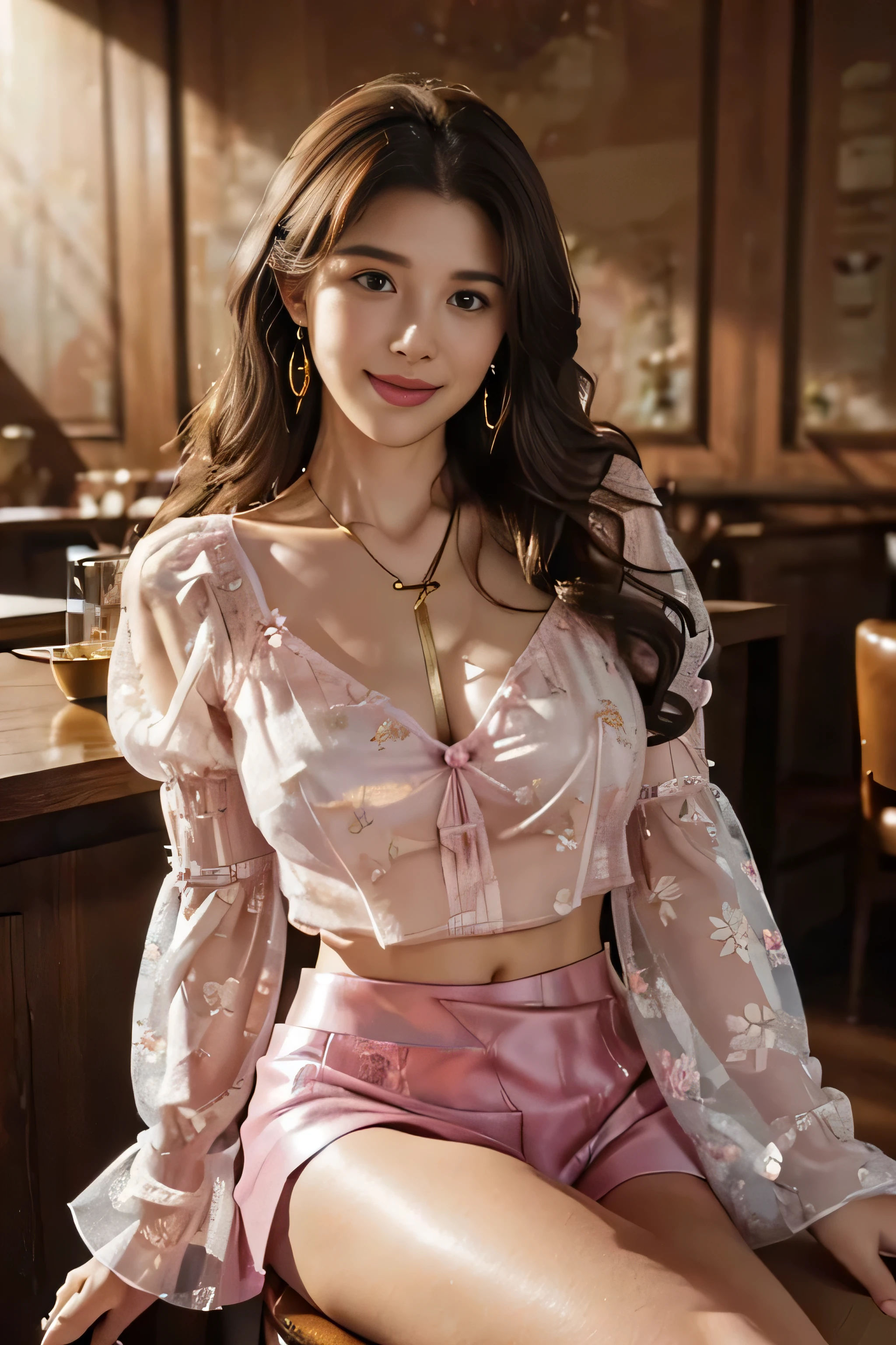 ((Beautiful girl:1.3)) Highest quality,masterpiece,Ultra-high resolution,(Realistic:1.4),RAW Photos,(Real skin texture:1.3),(Film Grain:1.3),Panorama,Portraits,Very wide shot,Tight waist,Cowboy Shot,(In the Dark, Deep Shadow, Modest, Cold Light,) night,(()),Tears flow,,Dust,Tyndall effect,(Performance),One person,Beautiful and detailed eyes and face,White Jabot,Brown eyes,((Brown Hair:1.2)) ((whole body:1.3)) ((smile:1.3))((Super long brown hair:1.2)),((Hair with loose waves inside:1.2)),((gold necklace_Large earrings:1.2)),((shy smile:1.3)),((mideum breasts:1.3)),,((full body portrait:1.4)),((Sits on a bar chair In a crowded café at dusk:1.3))((Place your left hand gently on your chin,right hand holding chest:1.3)),((Sitting elegantly with crossed legs:1.5))((chest thrusting pose, chest bragging pose:1.4)),((wearing Floral blouse_long see-through sleeves,pink flared mini skirt:1.3))、