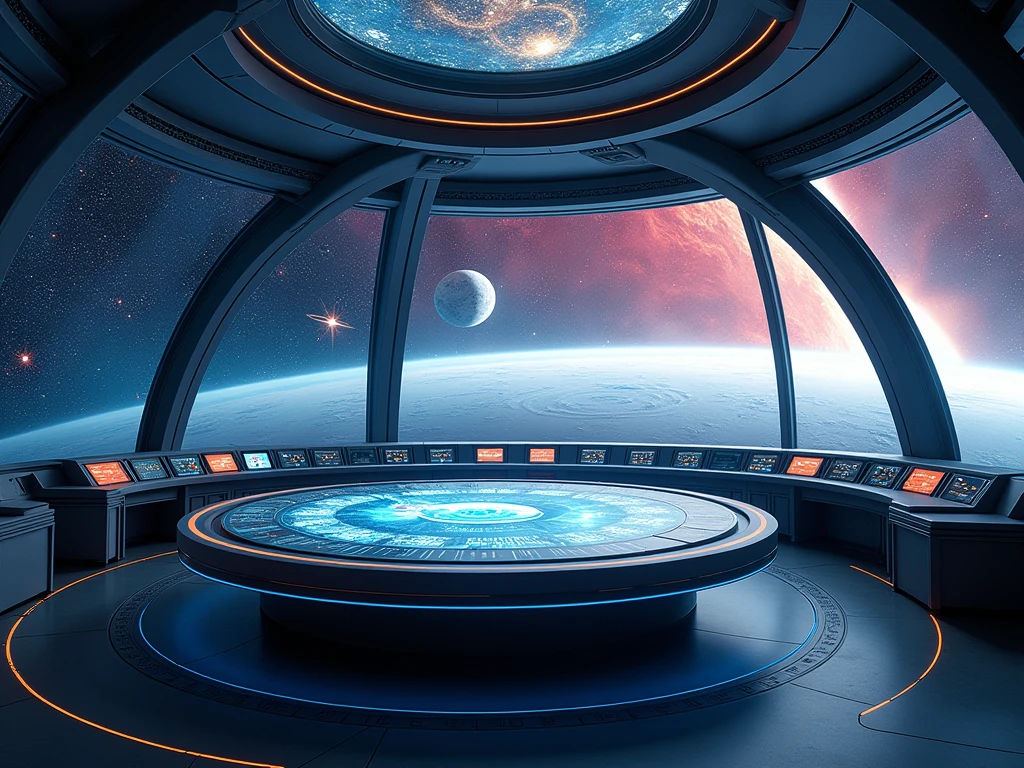 futuristic control room, interior of a space station, command center for an interstellar mission, sleek modern aesthetic, large curved window, panoramic view of cosmos, stars, planets, distant galaxy, advanced technology workstations, large screens displaying navigation, communication, critical space travel data, real-time information, circular table with holographic interface, collaborative workspace, soft ambient lighting, high technological sophistication, functionality, efficiency, concept design for science fiction, video game, themed attraction, immersive experience, spacecraft, space station operation
