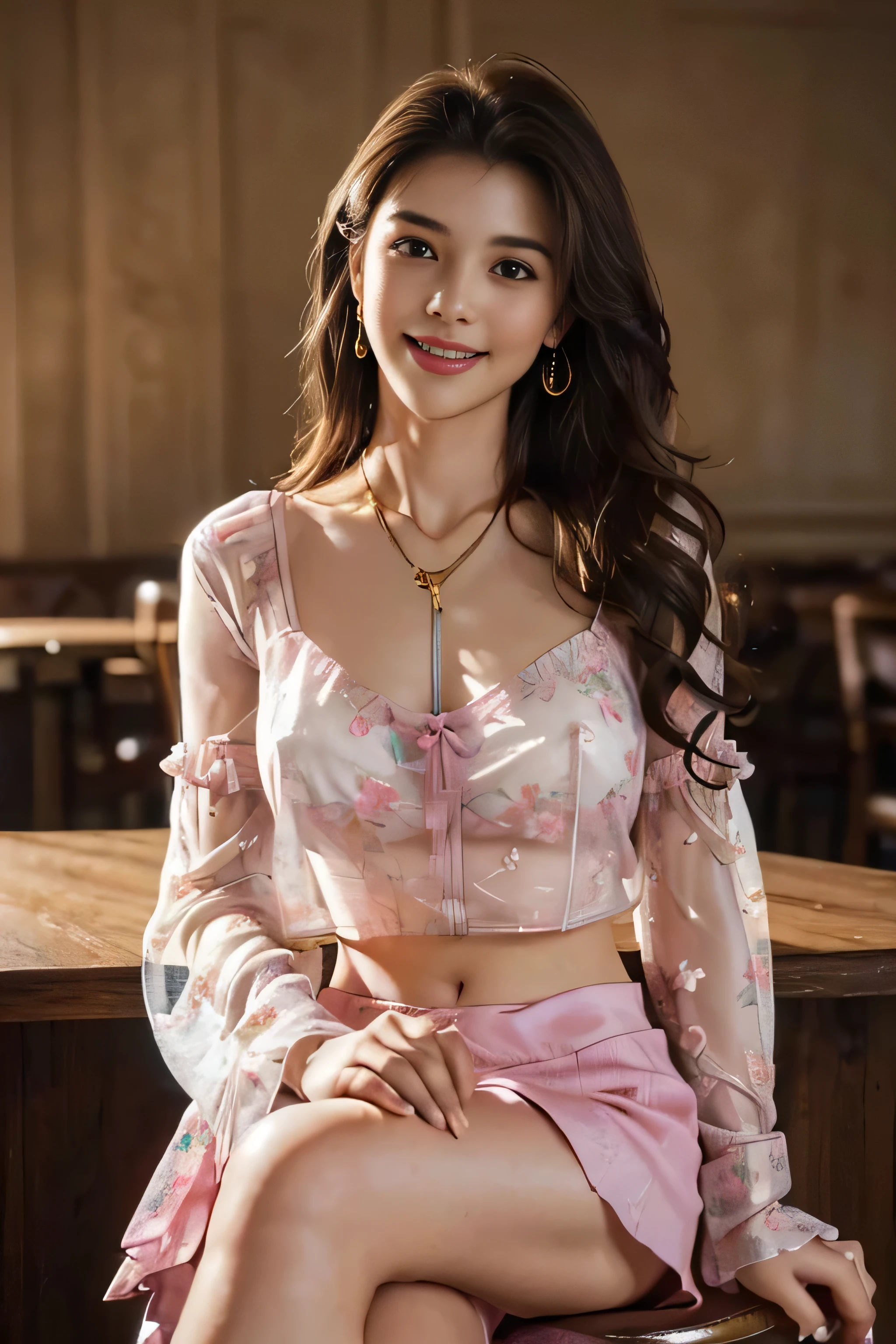 ((Beautiful girl:1.3)) Highest quality,masterpiece,Ultra-high resolution,(Realistic:1.4),RAW Photos,(Real skin texture:1.3),(Film Grain:1.3),Panorama,Portraits,Very wide shot,Tight waist,Cowboy Shot,(In the Dark, Deep Shadow, Modest, Cold Light,) night,(()),Tears flow,,Dust,Tyndall effect,(Performance),One person,Beautiful and detailed eyes and face,White Jabot,Brown eyes,((Brown Hair:1.2)) ((whole body:1.3)) ((smile:1.3))((Super long brown hair:1.2)),((Hair with loose waves inside:1.2)),((gold necklace＿Large earrings:1.2)),((shy smile:1.3)),((mideum breasts:1.3)),,((full body portrait:1.4)),((Sits on a bar chair In a crowded café at dusk:1.3))((Place your left hand gently on your chin，right hand holding chest:1.3)),((Sitting elegantly with crossed legs:1.5))((chest thrusting pose, chest bragging pose:1.4)),((wearing Floral blouse_long see-through sleeves,pink flared mini skirt:1.3))、