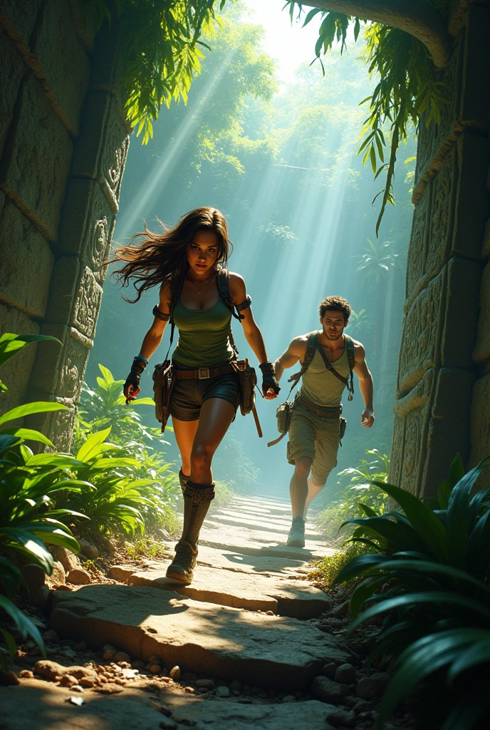 Lara and Max escaping from the jungle temple while avoiding dangerous traps
