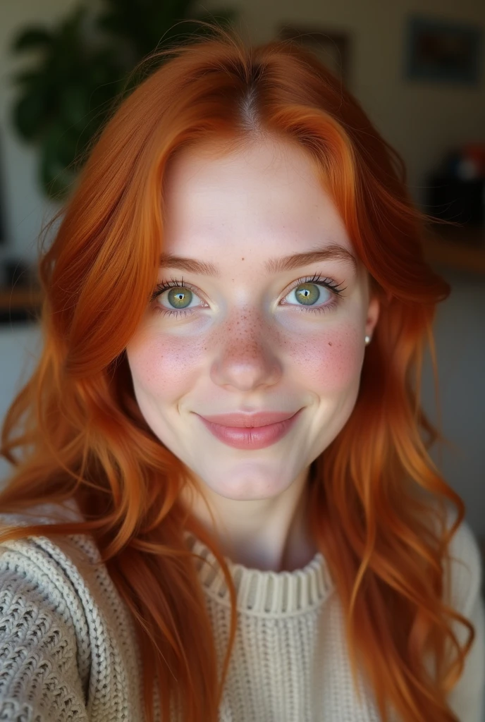 iPhone quality, Selfie, small hair on skin, skin untouched, impure skin, cut out, Neckline, at home, cute sweater, young and cute face, , best quality, Intricate detailing, Ultra-detail, red hair, cute face, redhair, perfect and green eyes, young woman, 17 age old
