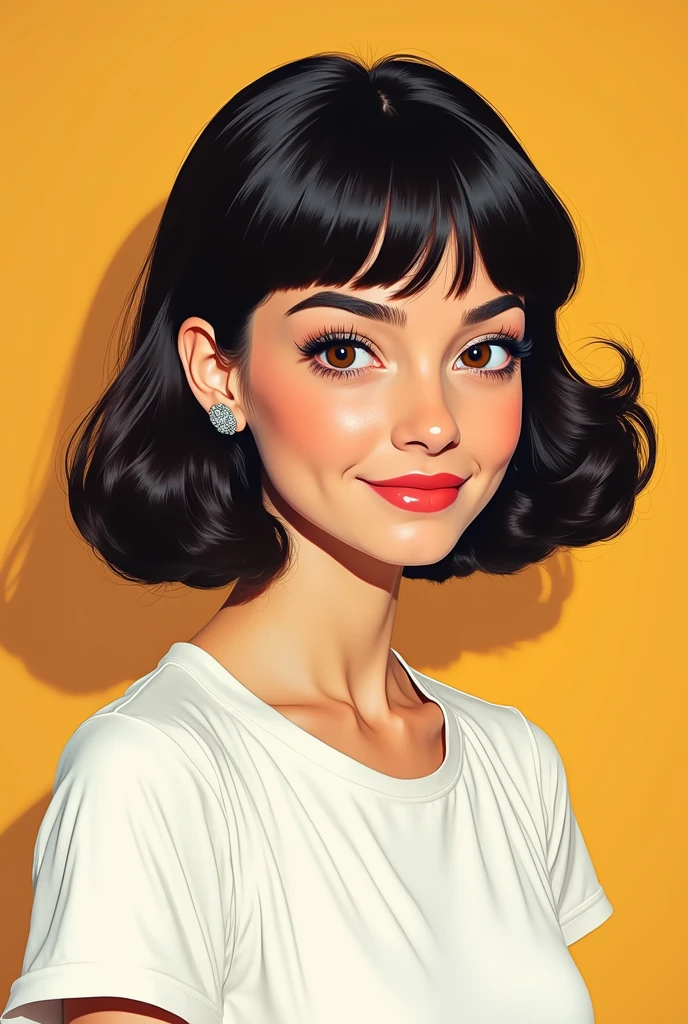 pop art .portrait. looking at the camera. woman. young adult. small face. smalleyes. brown eyes. small nose. full lips. bun. smile. white t-shirt.vintage. bob.