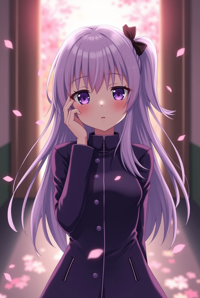 Shy blushing in Suprise 18 years old Kyoko Kirigiri from Danganronpa because you said you love her. Kyoko is a relatively tall, pretty girl with purple eyes and a pale complexion. She wears her lavender hair down and with a braid on the side, tied with a black ribbon. Her outfit consists of a dark purple collared jacket over a white blouse and brown tie, along with a short skirt and heeled knee-high boots.