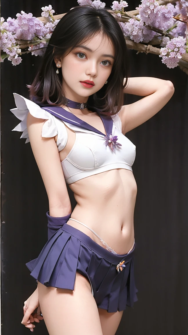 Super beautiful eyes、innocent face, (((realisitic)))a picture, ​masterpiece, top-quality, 1girl in, a slender waist, top-quality, pale-skinned, Black background, (Face and eye details:1.1), Unique, (masterpiece, highest quality: 1.2), alone, 1 girl, sailor saturn, Magical girl, shut up, look at the audience, put your hand on your waist, sailor warrior uniform, pleated skirt, elbow bag, jewelry, (((brooch)), collar, purple eyes, space background universe, milky way, whole body, distance composition, ((small purple flowers)),((white panties)), showing tits, medium breast, torch clothes, showinh sexy breast and pussy