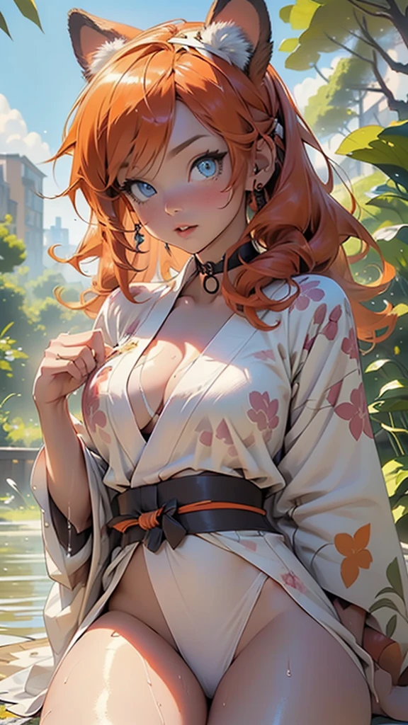 japan girl from ancient Japan,1girl,
(large breasts:1.4),((((shiny hair,)))),(((blue_eyes:1.3))),intricate eyes,beautiful detailed eyes,big eyes:1.5,hair orange between eyes, (orange hair:1.5),((animal ears:1.3)),two side up, long hair,((((lustrous skin:1.5,tanned skin,bright skin: 1.5,skin tanned,shiny skin,very shiny skin,shiny body,Reflective skin)))),(spider lower abdomen,narrow waist,wide hip,athletic body,inflated legs,thick thighs,(detailed face)),beautiful detailed lips,(detailed beautiful face and eyes),hmsan, haruhime,
cute,slutty,sensual,seductive look,seductive,((erotic)),opulent,sumptuous,((nsfw)),
((red kimono:1.2)),(kimono,half-naked kimono:1.5),clavicle, (cleavage:1.2), (japanese clothes),((khaki coat:1.2), (white panties:1.2), (choker),(((wet clothes))),choker, obi,
(flirtatious pose:1.3), looking at viewer,embarrassed,centered,scale to fit dimensions,Rule of thirds,
outdoors,(old Japan with cherry trees),scenery,extremely scenery,(landscape of old Japan with cherry trees in background),clouds,
(Glossy asian ornaments),highres,sharp focus,(ultra detailed,extremely detailed),(photorealistic artwork:1.37),(extremely detailed CG unity 8k wallpaper),(((vibrant colors,vibrant theme))),(intricate),(masterpiece),(best quality),artistic photography,(photography taken by sldr),(intricate background),perfect rendered face,perfect face details,realistic face,photo realistic,((intricate detail)),(((realism))),