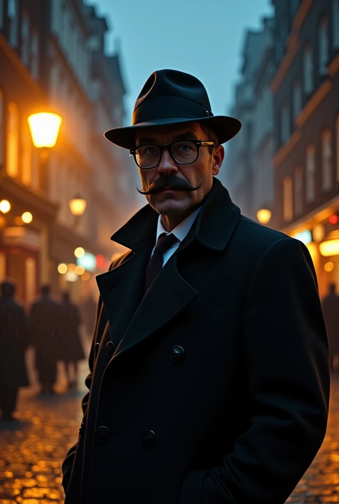 An English man, wearing a fedora and a black overcoat, square glasses, smoking a cigarette, a big mustache, James Gordon reference