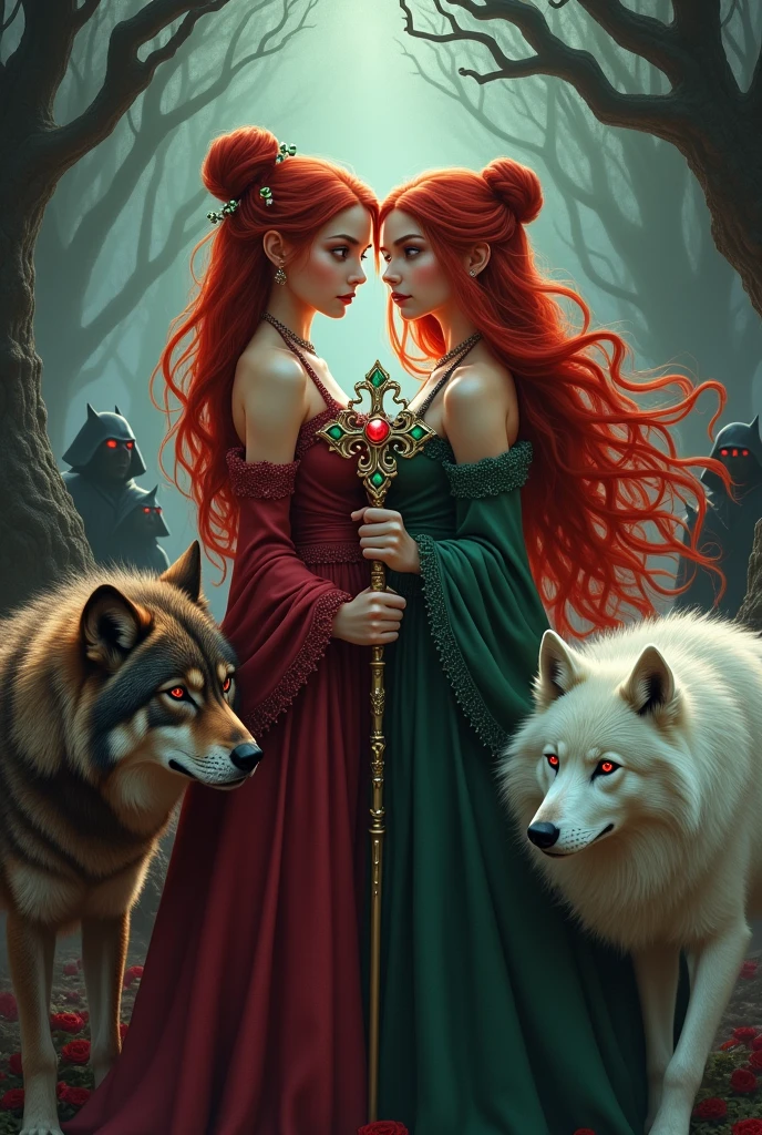 Cover for a fantasy book featuring two sorceress sisters with long red hair and green eyes, one of them carries a staff with an emerald on the tip and has her hair tied in two buns; and the other carries a bow and arrow studded with rubies and her hair is completely loose. Two Wolves, one with brown fur and black eyes and another with white fur and red eyes protect them . In the background of the image, a group of vampires hide in the shadows and only their red eyes are visible 