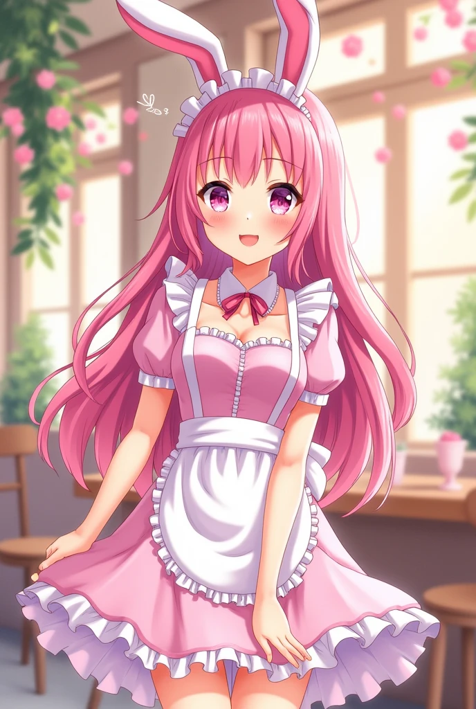 anime girl, pink hair, pink bunny ears, pink eyes, and pink happy maid outfit 