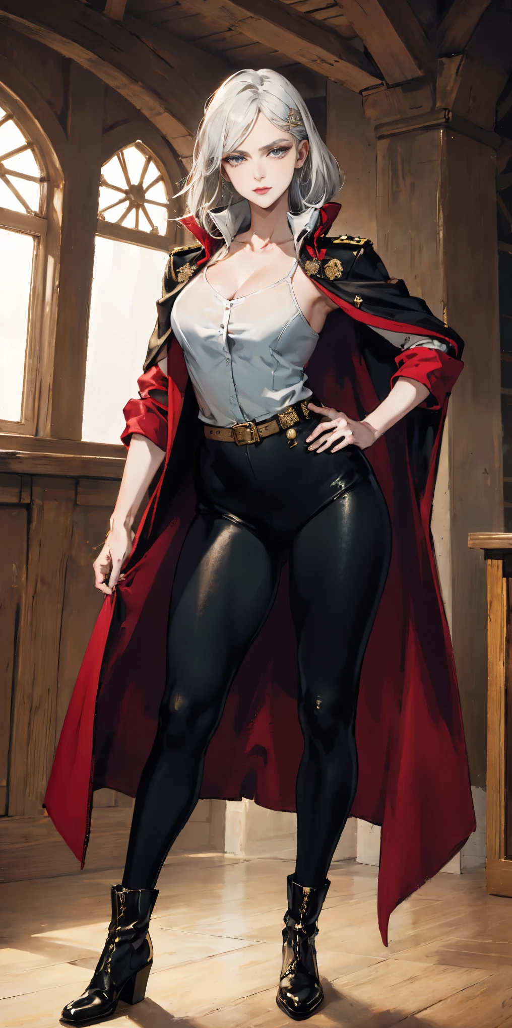 A woman with long platinum blonde hair, choppy bangs, arched crescent eyebrows, sharp and determined eyes, a delicate oval face, a serious expression, a fantasy-style dark green military coat, draped with a dark red cloak, military trousers, leather combat boots, silver greaves leggings, one hand on her hip, standing in a spacious training ground, this character embodies a finely crafted fantasy-style female military officer in anime style, exquisite and mature manga art style, pale skin, high definition, best quality, highres, ultra-detailed, ultra-fine painting, extremely delicate, professional, perfect body proportions, golden ratio, anatomically correct, symmetrical face, extremely detailed eyes and face, high quality eyes, creativity, RAW photo, UHD, 32k, Natural light, cinematic lighting, masterpiece-anatomy-perfect, masterpiece:1.5