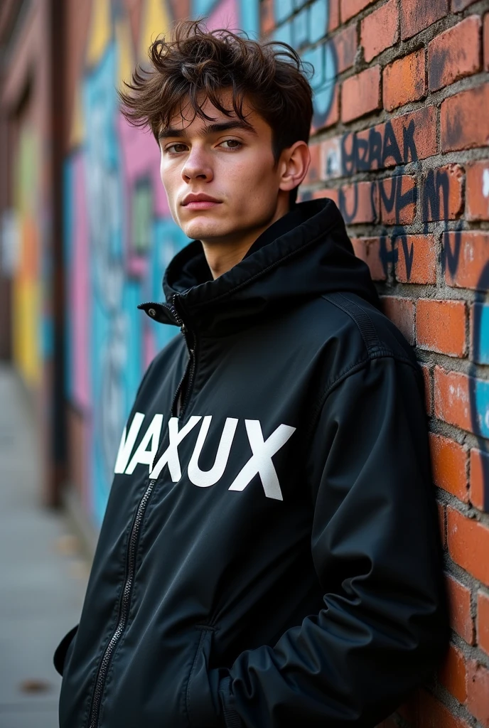A YOUNG MAN wearing a black jacket with the phrase "MAXUX" on the chest