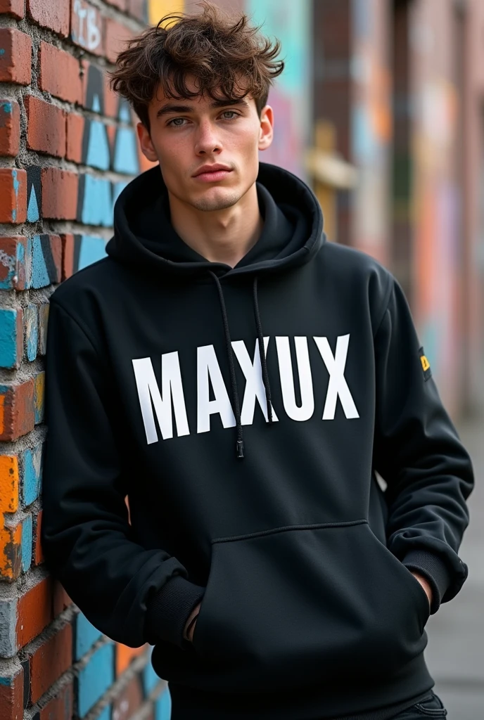 A YOUNG MAN wearing a black jacket with the phrase "MAXUX" on the chest