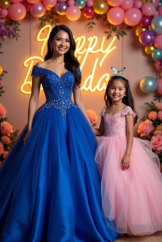 Real Pinay woman beautiful with ballgown with daughter girl   with Ball gown pink with name wall background "Happy Birthday" with flowers baloons butterflies 