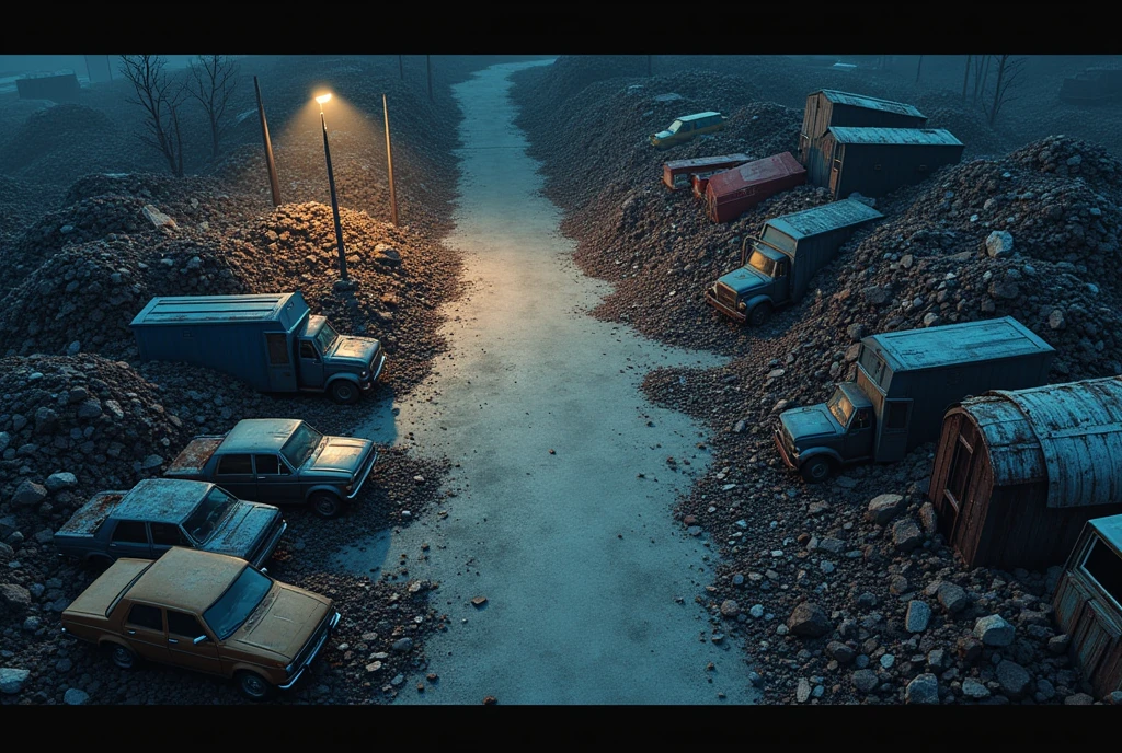 vampire the masquerade, map rpg, ((Map of a large junkyard, with huge piles of junk, and piles of metal, and piles of broken and rusty old cars.)), game art, birdseye straight top-down shot from a drone, battlemap, current modern theme, seen from above, role-playing game, empty location, nighttime environment, (with realistic proportions and textures, intricate details, handdrawn, vibrant, cinematic lighting, masterpiece, 8k:1.2)