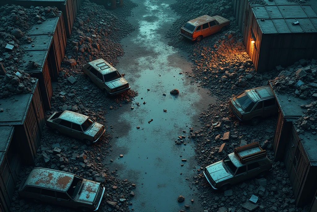 vampire the masquerade, map rpg, ((Map of a large junkyard, with huge piles of junk, and piles of metal, and piles of broken and rusty old cars.)), game art, birdseye straight top-down shot from a drone, battlemap, current modern theme, seen from above, role-playing game, empty location, nighttime environment, (with realistic proportions and textures, intricate details, handdrawn, vibrant, cinematic lighting, masterpiece, 8k:1.2)