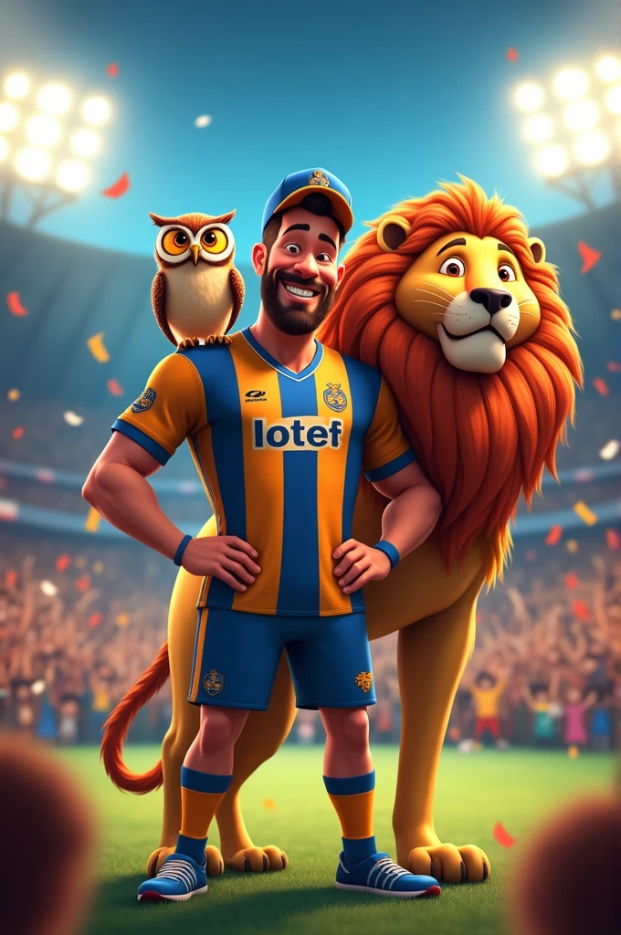 Create a man who likes football with an owl and a lion in animated format