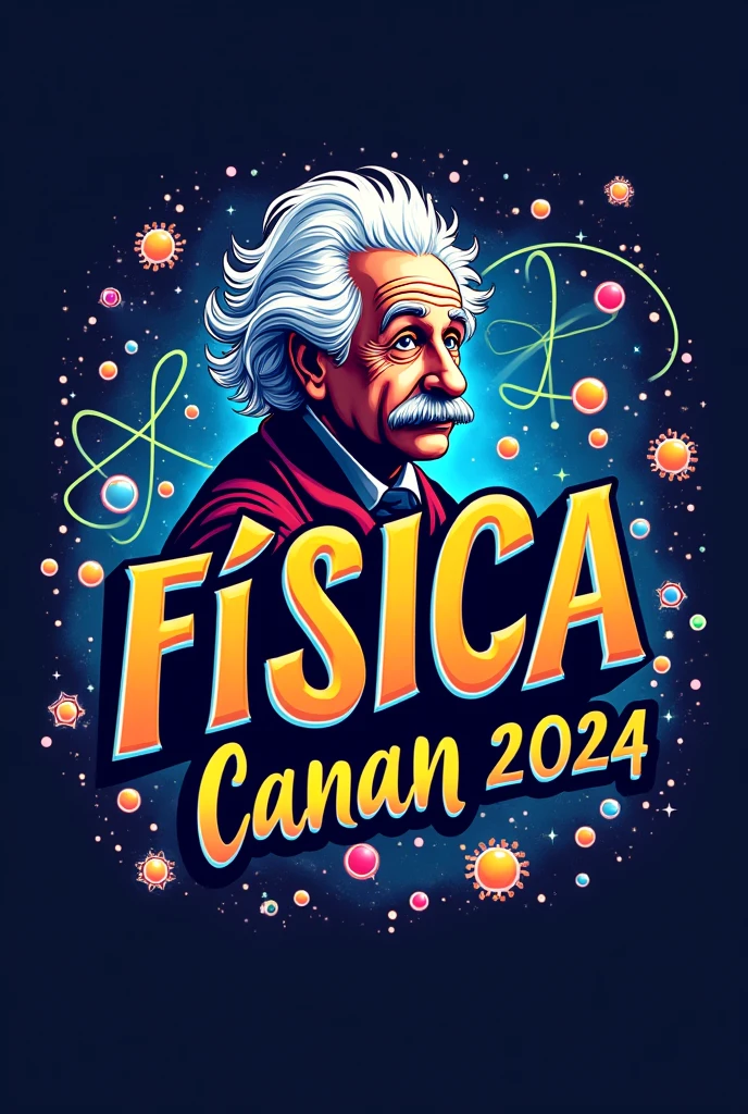 A logo to put on your Instagram profile, with the name PHYSICS Canan 2024 the name PHYSICS has to be in Brazilian Portuguese and has several atoms around it with Albert Einstein in the background