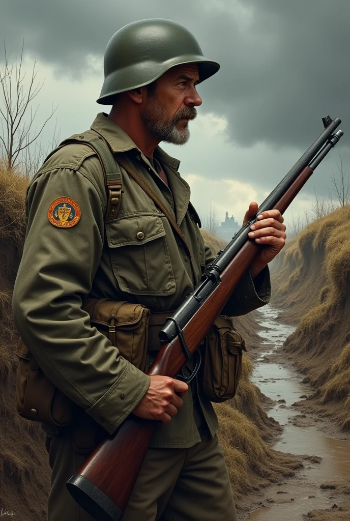 A man used a ww2 army gun used a soldier pose