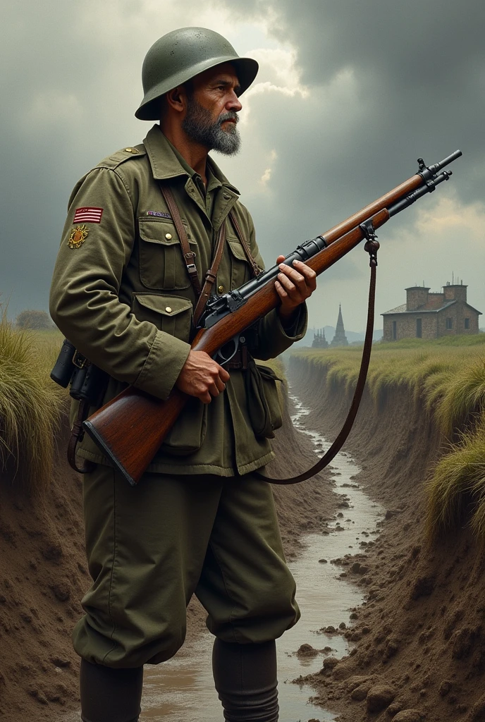 A man used a ww2 army gun used a soldier pose