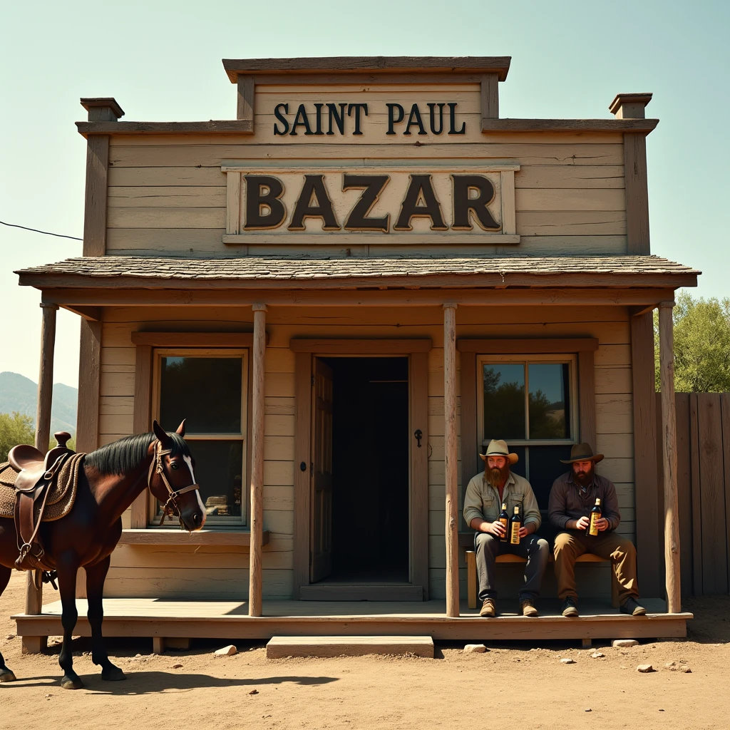 Front view of the facade of a small and beautiful store in the old wild west in sunlight, dirt street, a horse with saddle and blinkers tied up on the left. There are two drunk bearded cowboys wearing dirty clothes sitting on the store's porch, holding bottles of rum. In Western font, at the top of the store, the sign says: Saint Paul Bazar. Photography, soft bokeh, Ultra-realistic rendering, Depth of Field, Sharp Focus, Masterpiece, hyperintricate subtle details, 16K, Photo RAW, retina, film grain, Fujifilm 35mm, SSAO, ultra-thin textures, 16k UHD, HDR.