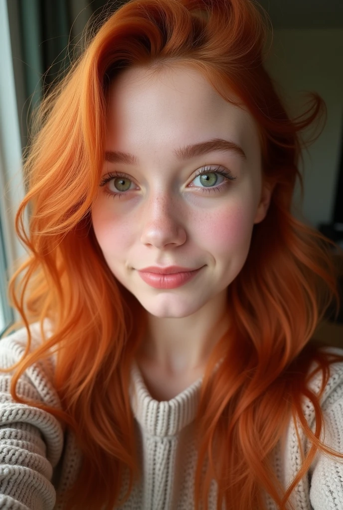 iPhone quality, Selfie, small hair on skin, skin untouched, impure skin, cut out, Neckline, at home, cute sweater, young and cute face, , best quality, ​ Intricate detailing, Ultra-detail, red hair, cute face, redhair, perfect and green eyes, young woman, 