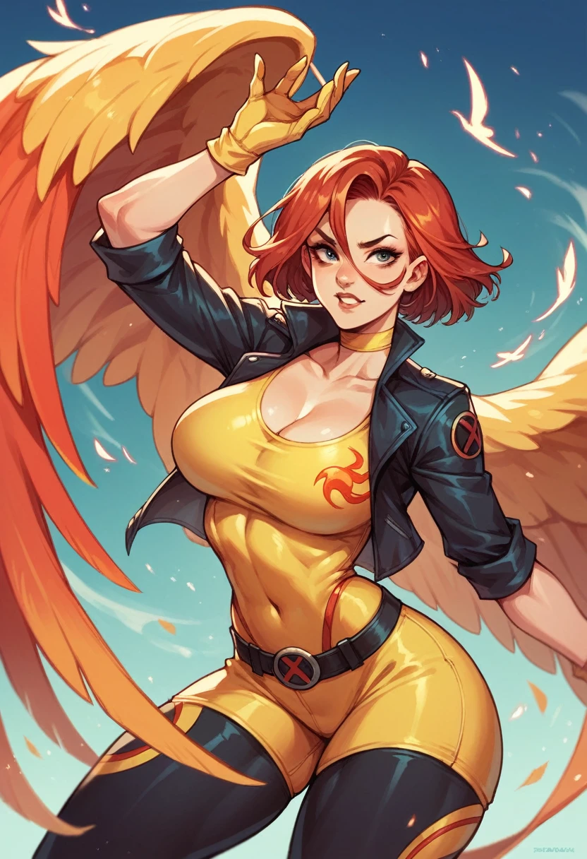 phoenix from the x-men wearing a tight uniform with cleavage