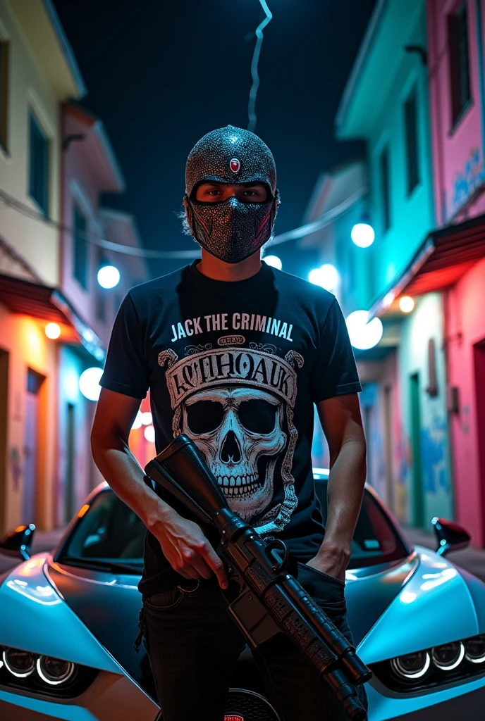 A young man with a mask and white eyes with a presidential weapon on top of a Bugatti in a favela at night and his shirt has a music addict and says... Jack The Criminal 