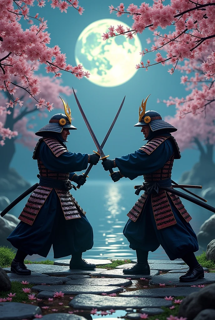 2 Samurais, holding a katana, Japanese settling, fighting, moonlight, leafs flying, ultra realistic, realistic lights, realistic shadows, ultra hd, panoramic view