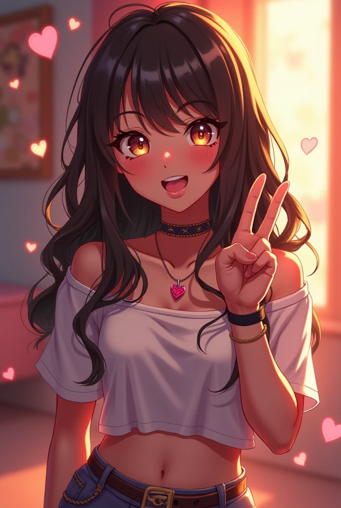 cute anime character girl, hot sister, sticking tongue out, showing peace sign, messy wavy long hair, brown skin, heart-shaped pupils, choker with heart pendant, wearing loose baggy hip-hop fashion, attractive and seductive face, make-up, superlative body proportion, indoors, heart effects, 2.5D, delicate and dynamic, graphic CG digital art