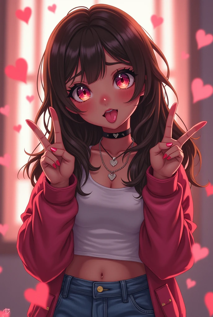 cute anime character girl, hot sister, sticking tongue out, showing peace sign, messy wavy long hair, brown skin, heart-shaped pupils, choker with heart pendant, wearing loose baggy hip-hop fashion, attractive and seductive face, make-up, superlative body proportion, indoors, heart effects, 2.5D, delicate and dynamic, graphic CG digital art