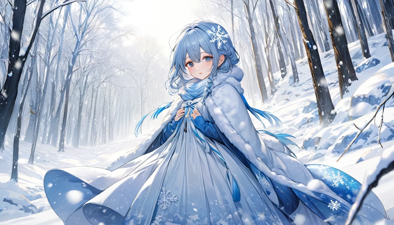 **294. One person。personification of snow。The cold yet beautiful embodiment of snow。Cowboy shot or close-up。  
masterpiece, best quality, ultra detailed (Detailed fingers), (Emotional), (Breathtakingly beautiful),  
(main part: 1.2 Whole body。), (Anime Style), (Very detailed), (Snow Personification),  
(超High resolution, High resolution), (8k), (High resolution: 1.2), (Complex and beautiful: 1.2)**
- background: Silent winter forest、Snow falling landscape。
- Personification: Young woman, around 18 years old、Wearing a snowflake dress。
-pose: Standing quietly in the snow、Catching snow in the palm of one&#39;s hand。
-expression: Calm and calm、A look that evokes the tranquility of winter。
- Effects: Snowflakes fluttering around、Cold air effect。
-color: White and Ice Blue、A color that symbolizes the coldness and beauty of snow。
