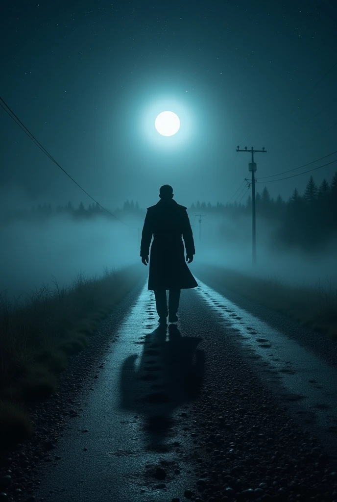 Man following another person&#39;s footprints on a road at night, The man is on the left side of the image 

