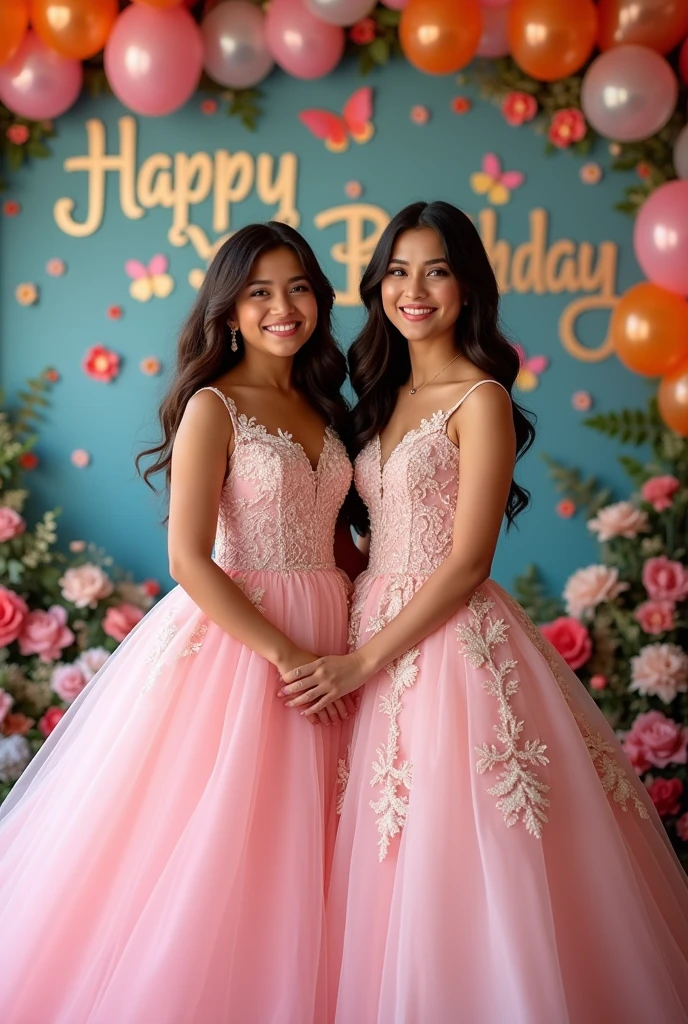 Real Pinay woman beautiful with ballgown with daughter girl 18 years old with Ball gown pink with name wall background "Happy Birthday" with flowers baloons butterflies