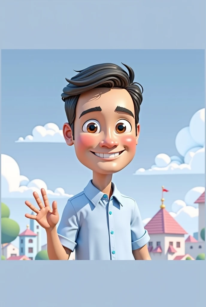 Cartoon character of a man blue shirt, 45 years old adult, an animated character, stylized character, animation style rendering, 3d stylized, smiling and making a stop sign with your hand