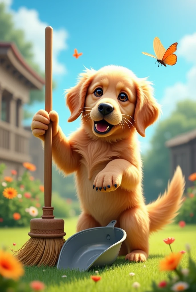 Dog sweeping his poop with a dustpan and broom