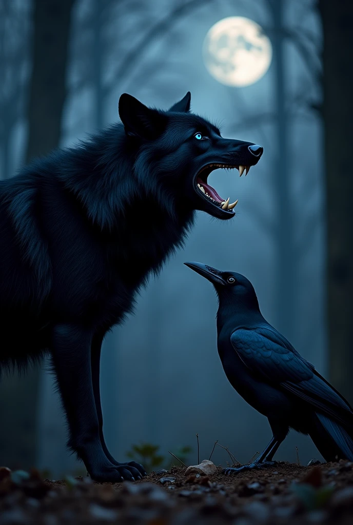 A blue-eyed wolf seen from the side in a dark environment, growling at the raven in front of him with its teeth visible .and the wolf is black, the raven and the wolf are both looking at each other, only the heads of the two animals are visible in the frame