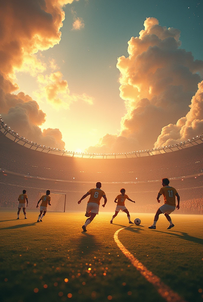 a football field where pele and maradonna and other legends play in the sky