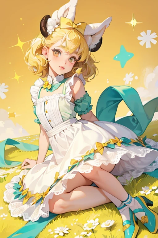 Lorna has pastel yellow skin with brown eyes, salmon lips, light brown eyebrows, and has a black nose. She has a white afro on top of her head that surrounds her lamb ears. She has a lamb tail attached to her back.
She wears a daisy wrap dress.
She comes with a yellow hair bow and teal shoes. SPARKLE; GLITTER