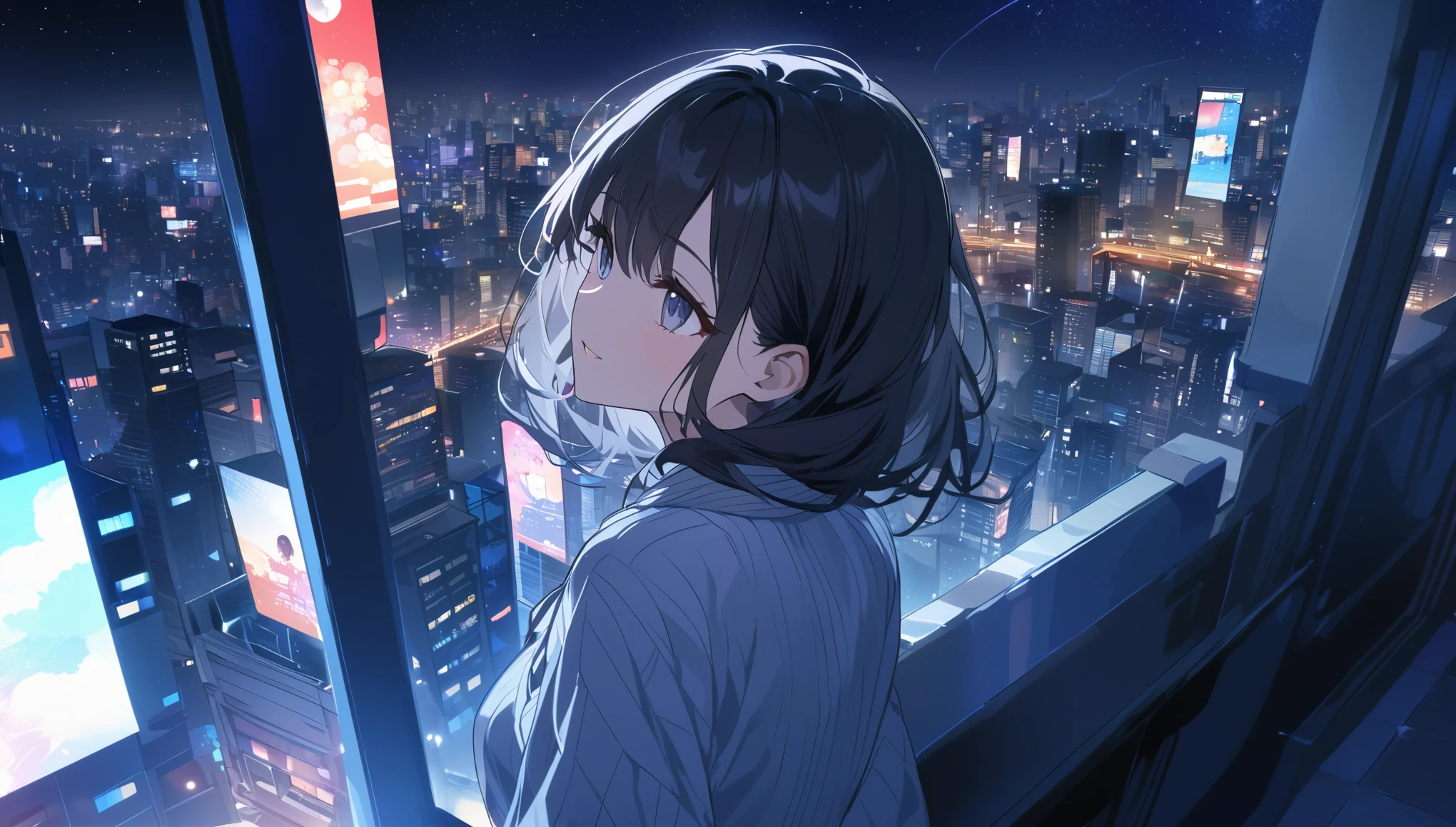 A black-haired woman looking out over the city of Tokyo,Night starry sky,Streetscape、listen to music、Japanese