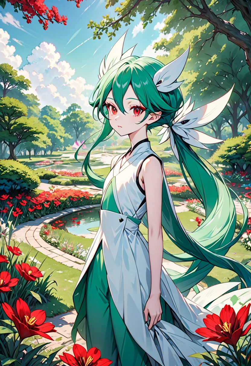 A highly detailed, beautiful portrait of a slender, androgynous Pocket Monster Gardevoir, with vivid green hair, a flat chest, standing in a lush, cinematic park environment, with exquisitely detailed eyes and captivating red irises, masterfully rendered in the highest quality, 8K resolution.