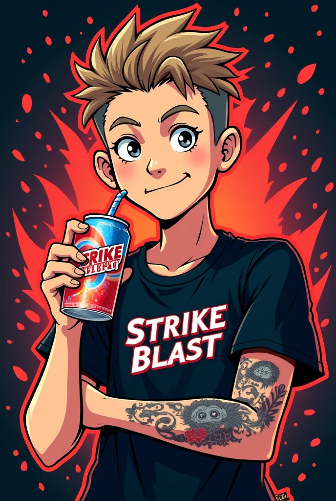 Create an image for stream anal with minimum dimensions of 128x128px and maximum of 3000x3000px that is cartoon style and has the word StrikeBlast written on it., with a dark but striking background but with a cartoonish teenage white man (Without beard) and fun, with black shirt, Light brown hair, slightly curly and shaved on the sides, with only a tattoo of a Tengu mask on his forearm, while having a soft drink