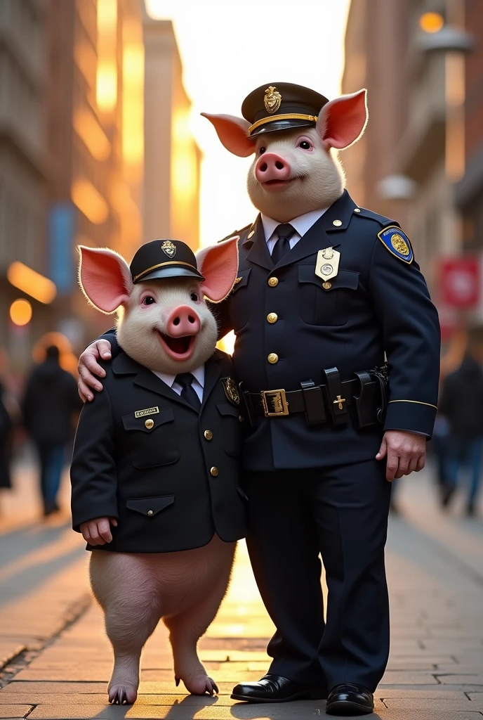 Make me a pig dressed as a security guard hugging a high-ranking human police officer