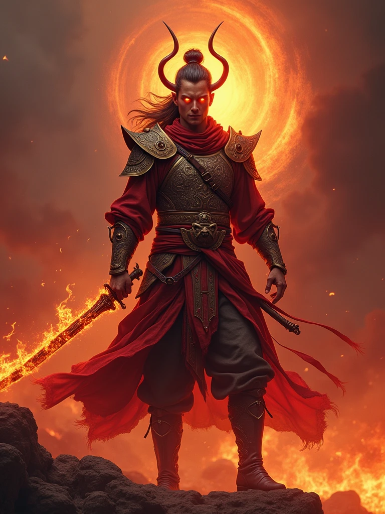 Picture a mythical warrior standing in a dynamic pose, his eyes burning with determination. Dressed in a traditional-looking outfit with various protective features, he is holding a brilliantly crafted sword that seems to resonate with a mysterious energy. The background is set in a crimson-tinted landscape, symbolizing the countless battles this warrior has fought. The atmosphere is thick with tension and anticipation, suggesting an imminent encounter with a formidable foe. Note that this character is not associated with any existing copyrighted characters or franchises.
