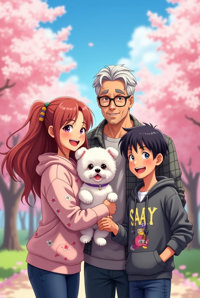 A family of 4 in anime style, a 40 year old mother, a 50 year old dad, a 15-year-old daughter and a 17-year-old son with a white Bichon Maltese dog