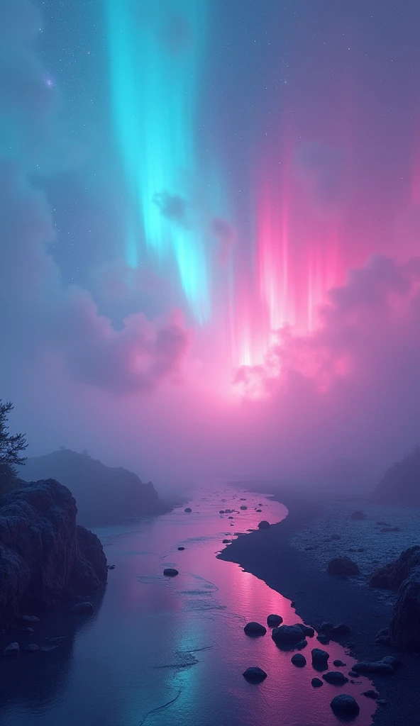 Mysterious fusion of aurora and fog, Holographic coating, Neon light reflection, Mysterious transparency, Absurd Aesthetics