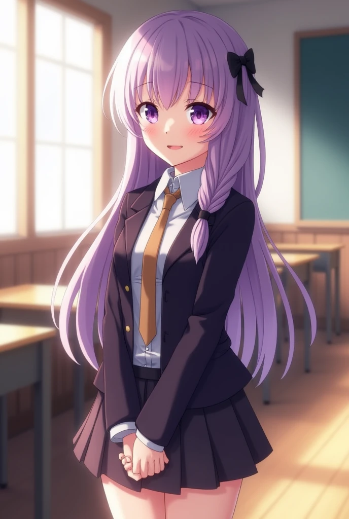 Shy blushing in shocked 18 years old Kyoko Kirigiri from Danganronpa because you said you love her. Kyoko is a relatively tall, pretty girl with purple eyes and a pale complexion. She wears her lavender hair down and with a braid on the side, tied with a black ribbon. Her outfit consists of a dark purple collared jacket over a white blouse and brown tie, along with a short skirt and heeled knee-high boots.