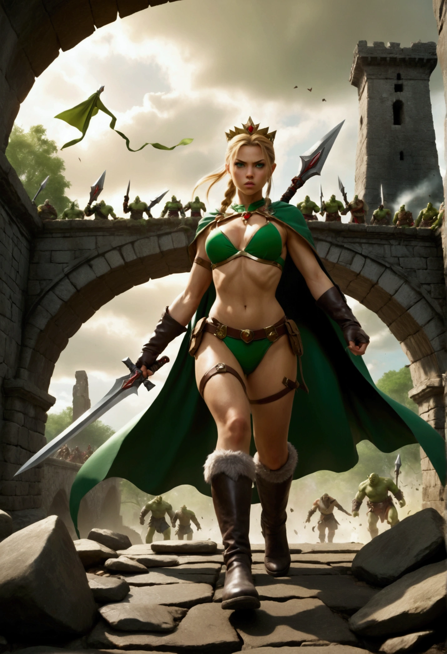 Cammy, wearing her signature green bikini, princess tiara, and light cape, holds two daggers as she faces off against an army of orcs on an ancient stone bridge. The scene is chaotic and action-packed, with explosions and debris flying through the air, lightning flashing across the sky, and Cammy in the midst of fierce combat. The style is highly detailed and realistic, with accurate textures and meticulous attention to detail making the image look almost like a photograph.